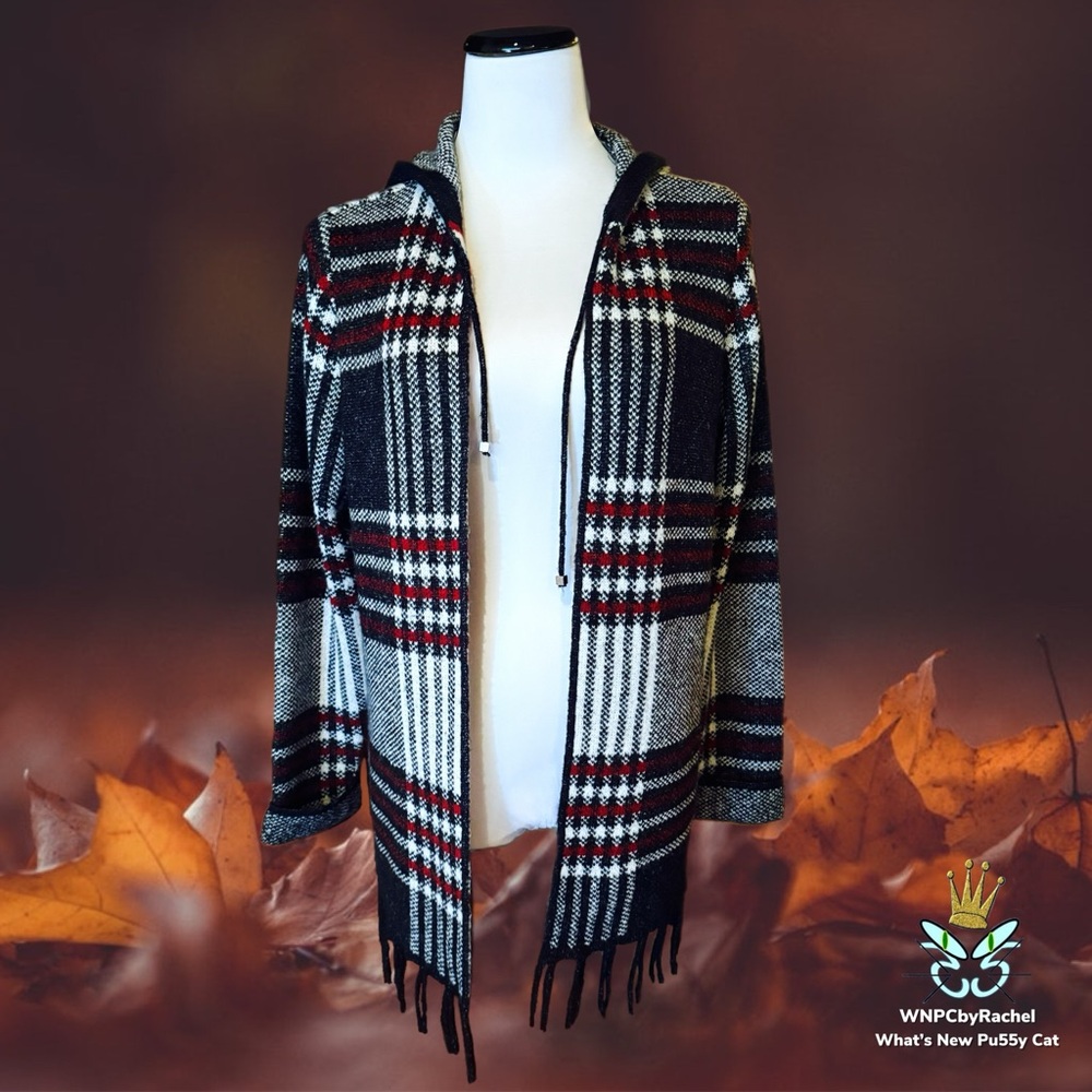 Adrienne Vittadini Hooded Plaid Cardigan, Medium